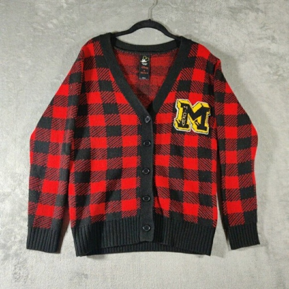 Disney Forever‎ 21 Sweater Womens Small Mickey Mouse Buffalo Plaid Cardigan